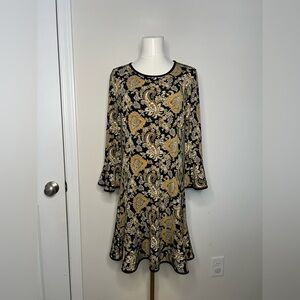 Michael Kors Paisley Print Bell Sleeve Fit Flare Dress Black Marigold Size M